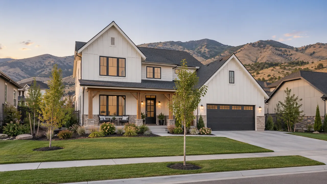 Illustration of a white home beneath mountain foothills at dusk