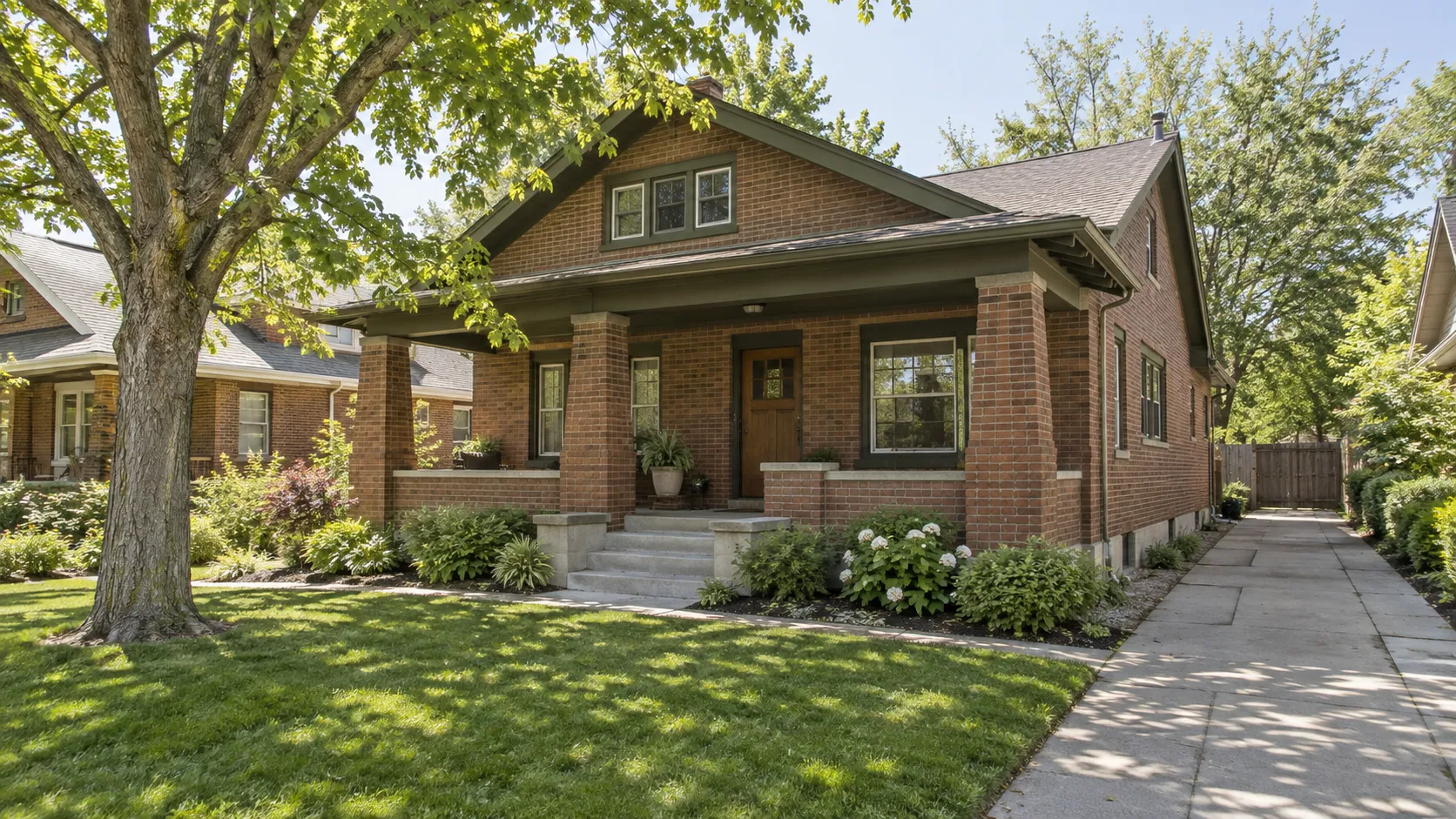 Illustration of a brick bungalow with a shaded front porch